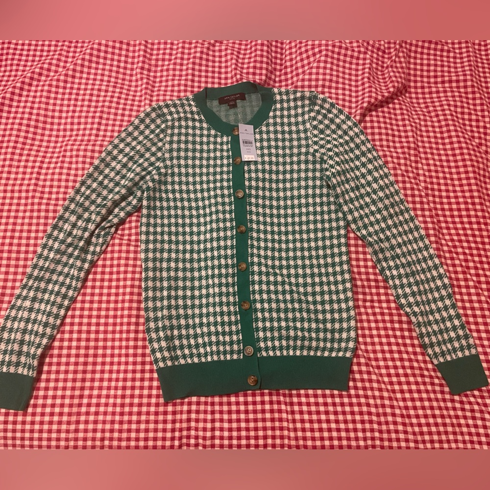 Ann Taylor Green Houndstooth Sweater Cardigan